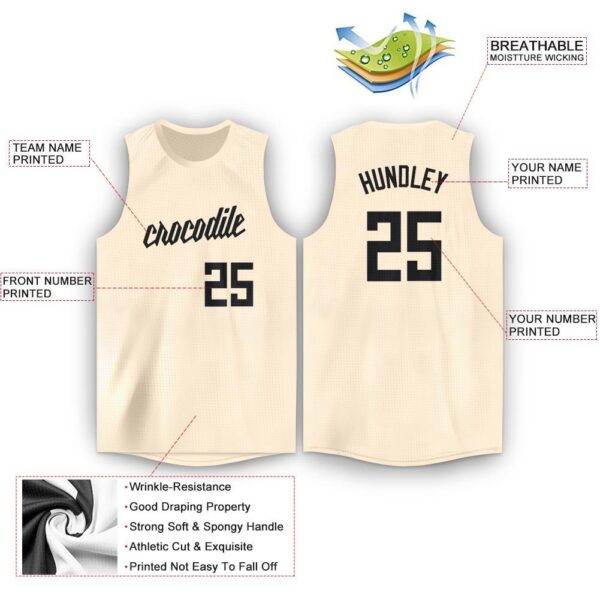 Custom Cream Black Round Neck Basketball Jersey - Image 2