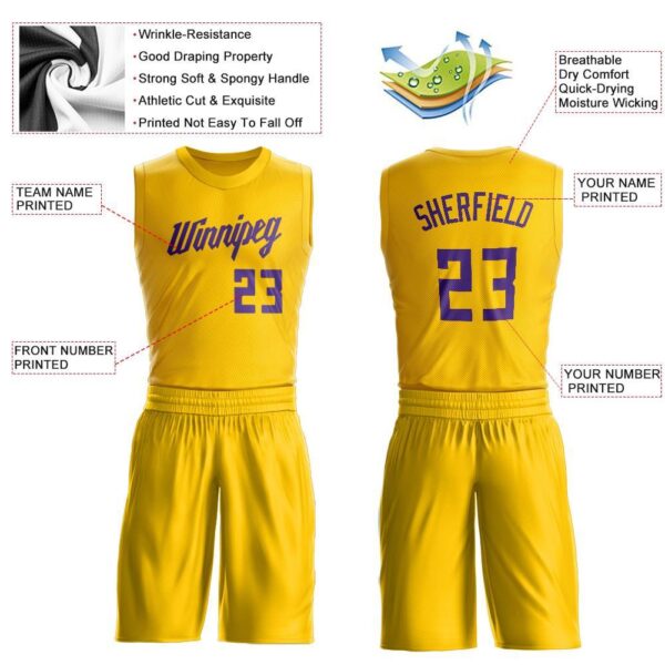 Custom Gold Purple Round Neck Suit Basketball Jersey - Image 4