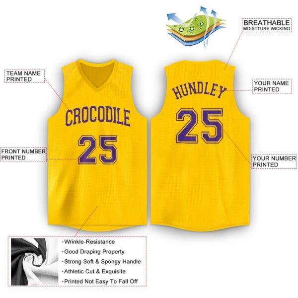 Custom Gold Purple V-Neck Basketball Jersey - Image 2