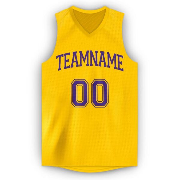 Custom Gold Purple V-Neck Basketball Jersey - Image 5