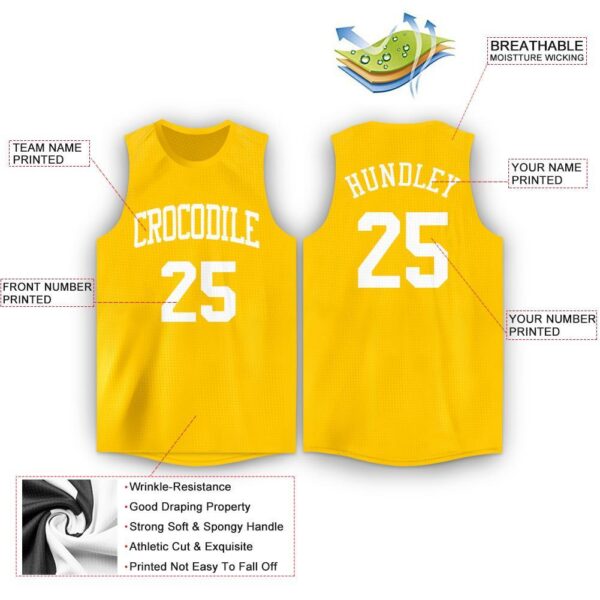 Custom Gold White Round Neck Basketball Jersey - Image 2