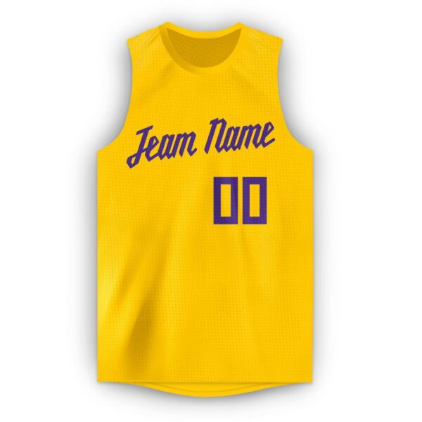 Custom Gold Purple Round Neck Basketball Jersey - Image 5