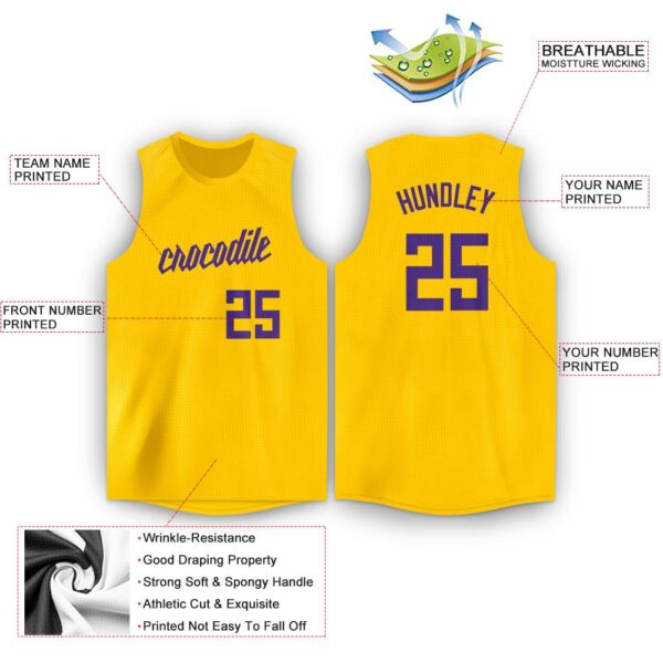 Custom Gold Purple Round Neck Basketball Jersey - Image 2
