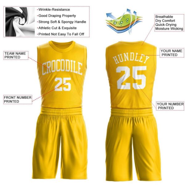 Custom Gold White Round Neck Suit Basketball Jersey - Image 3