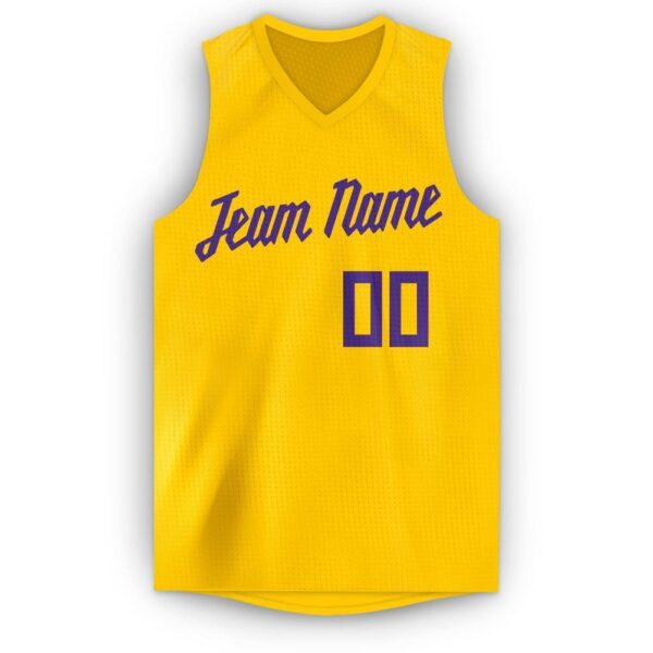 Custom Gold Purple V-Neck Basketball Jersey - Image 5