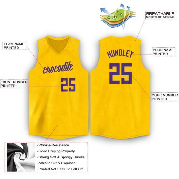 Custom Gold Purple V-Neck Basketball Jersey - Image 2