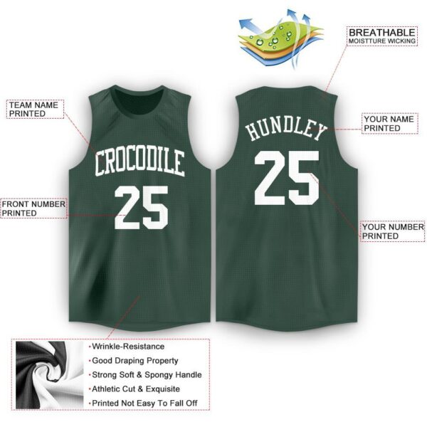 Custom Hunter Green White Round Neck Basketball Jersey - Image 2