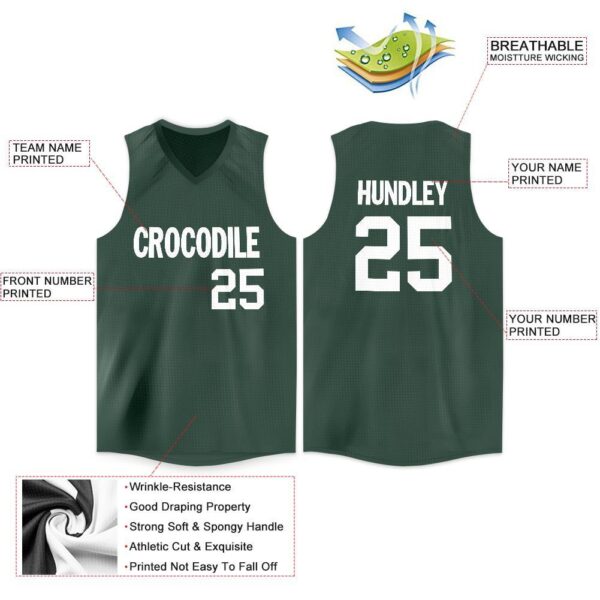 Custom Hunter Green White V-Neck Basketball Jersey - Image 2