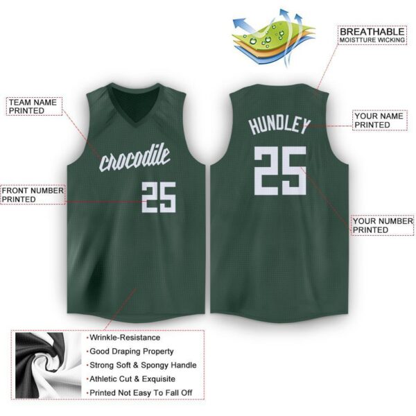 Custom Hunter Green White V-Neck Basketball Jersey - Image 2