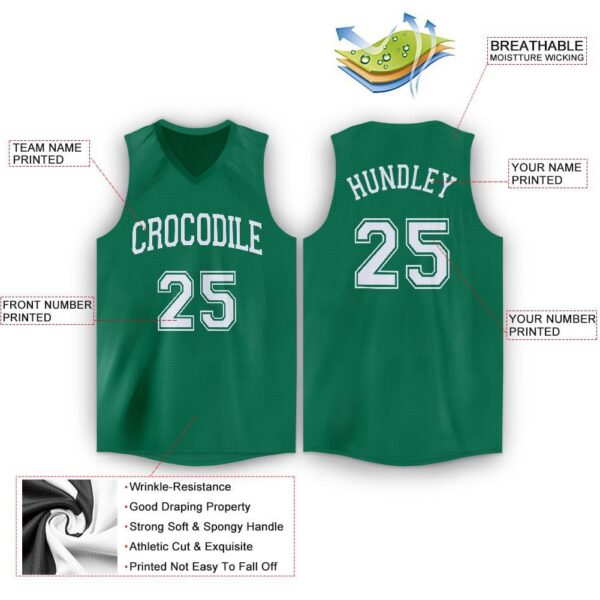 Custom Kelly Green White V-Neck Basketball Jersey - Image 2