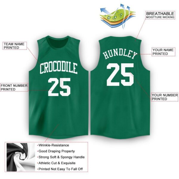 Custom Kelly Green White Round Neck Basketball Jersey - Image 2
