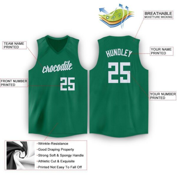 Custom Kelly Green White V-Neck Basketball Jersey - Image 2