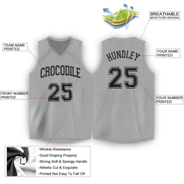 Custom Gray Black V-Neck Basketball Jersey - Image 3