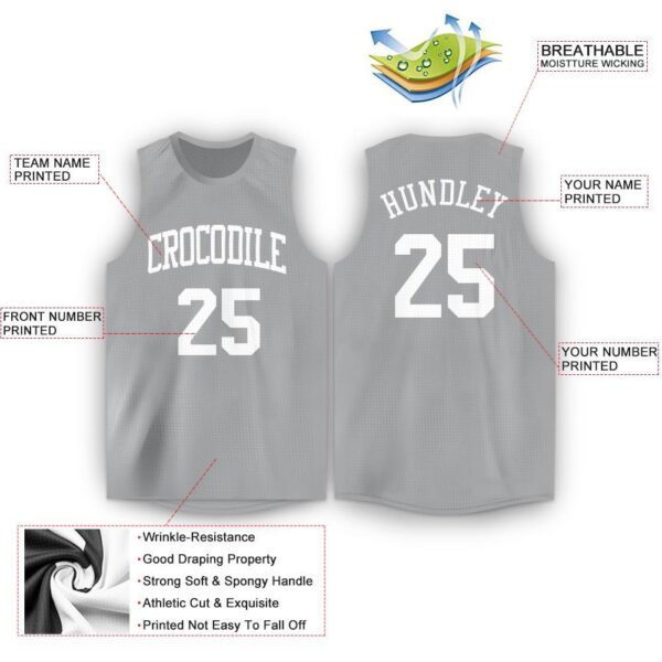 Custom Gray White Round Neck Basketball Jersey - Image 3