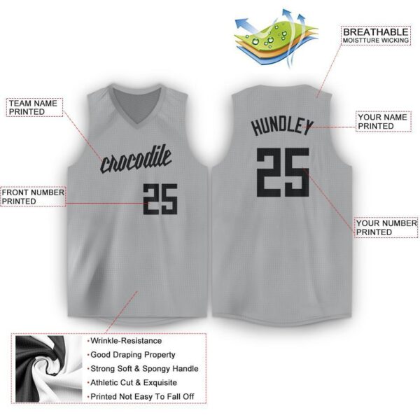 Custom Gray Black V-Neck Basketball Jersey - Image 3