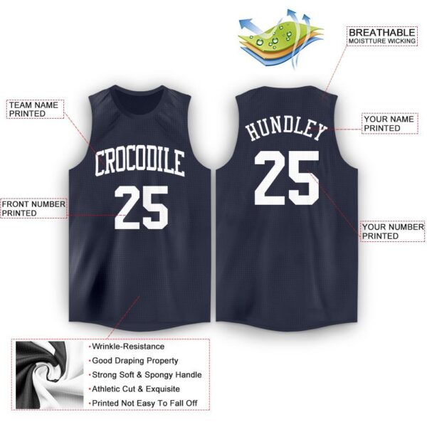 Custom Navy White Round Neck Basketball Jersey - Image 2