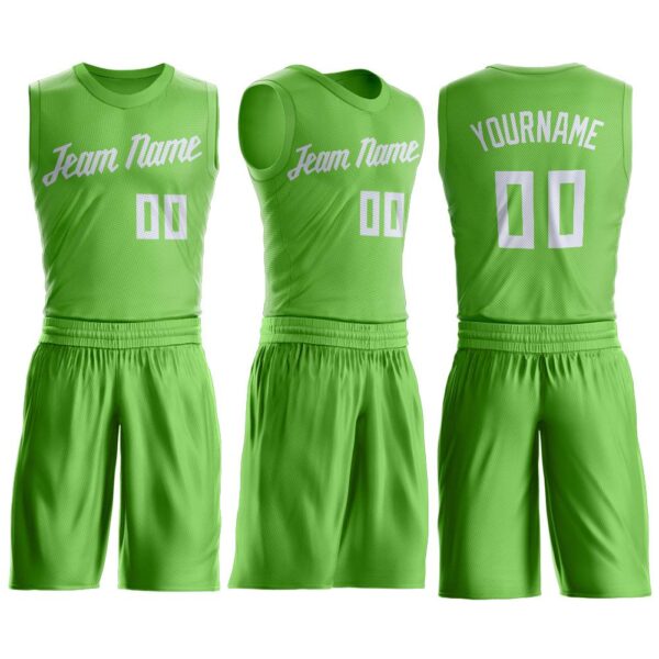 Custom Neon Green White Round Neck Suit Basketball Jersey - Image 2