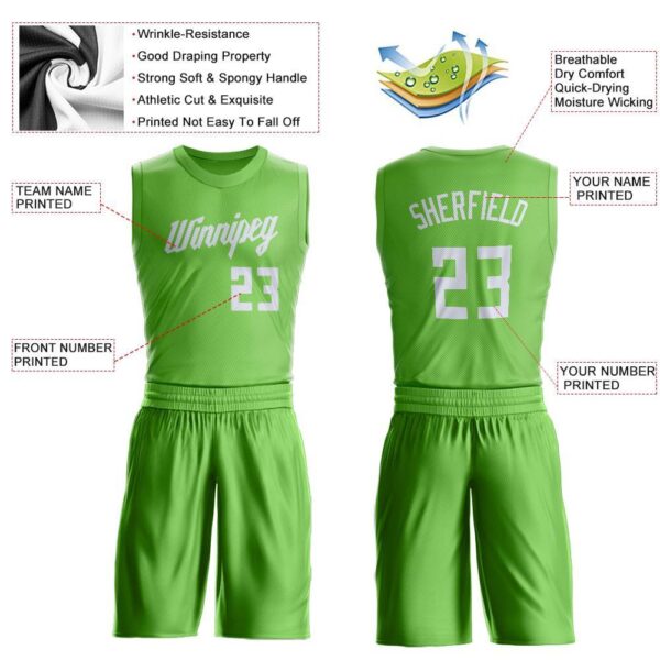 Custom Neon Green White Round Neck Suit Basketball Jersey - Image 3