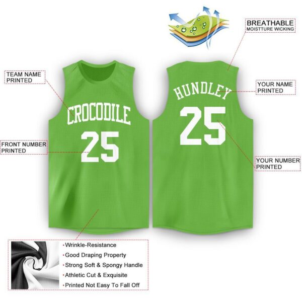Custom Neon Green White Round Neck Basketball Jersey - Image 2