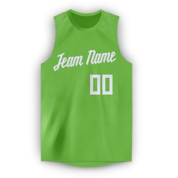 Custom Neon Green White Round Neck Basketball Jersey - Image 5