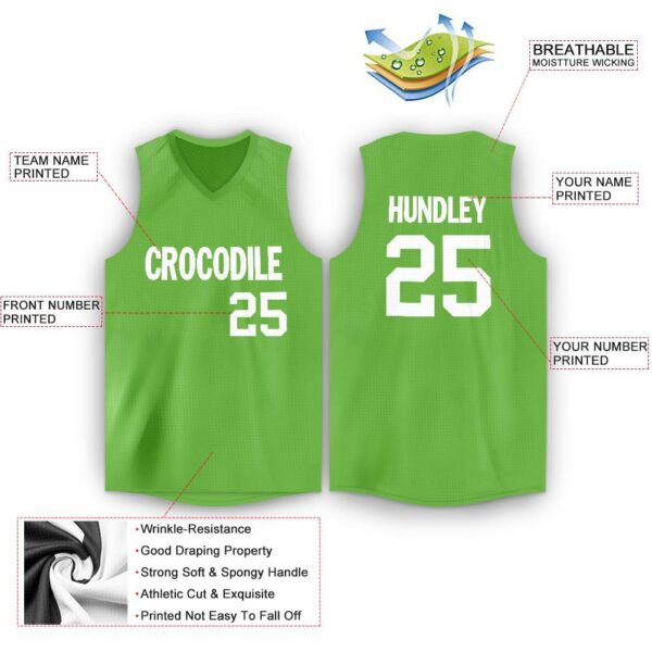 Custom Neon Green White V-Neck Basketball Jersey - Image 2