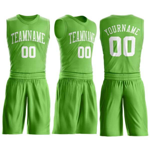Custom Neon Green White Round Neck Suit Basketball Jersey - Image 2