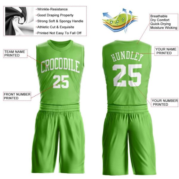 Custom Neon Green White Round Neck Suit Basketball Jersey - Image 3