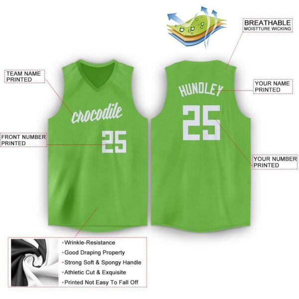 Custom Neon Green White V-Neck Basketball Jersey - Image 2