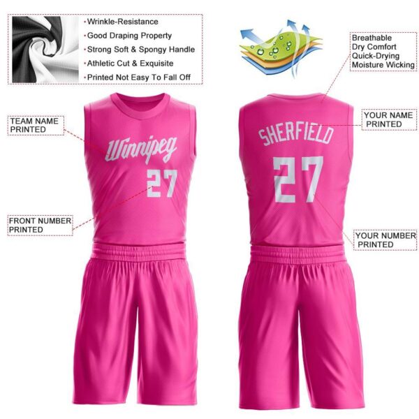 Custom Pink White Round Neck Suit Basketball Jersey - Image 3