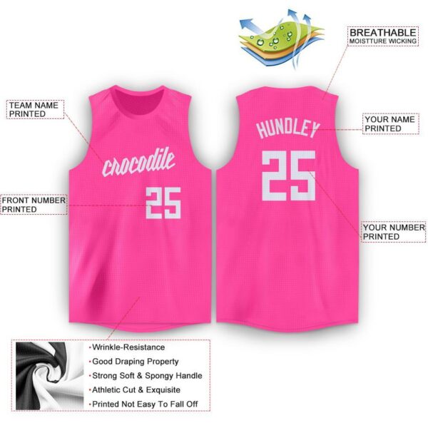 Custom Pink White Round Neck Basketball Jersey - Image 2