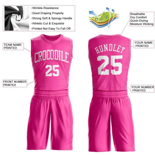 Custom Pink White Round Neck Suit Basketball Jersey - Image 3