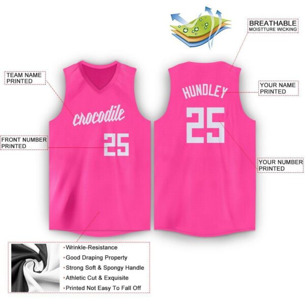 Custom Pink White V-Neck Basketball Jersey - Image 2