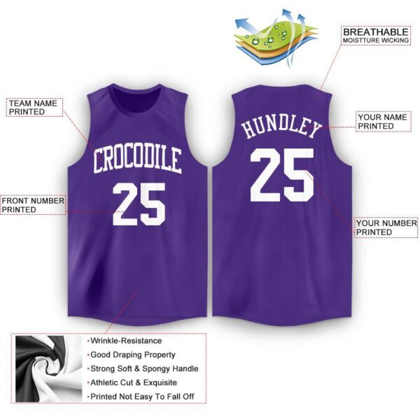 Custom Purple White Round Neck Basketball Jersey - Image 2