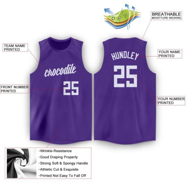 Custom Purple White Round Neck Basketball Jersey - Image 2