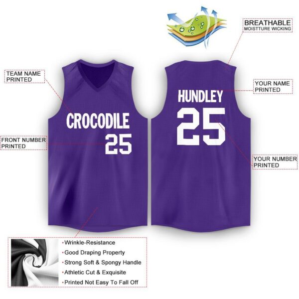 Custom Purple White V-Neck Basketball Jersey - Image 2