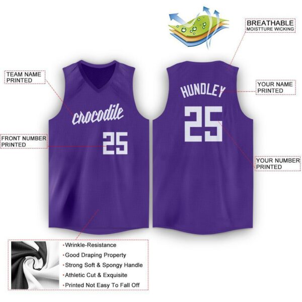 Custom Purple White V-Neck Basketball Jersey - Image 2