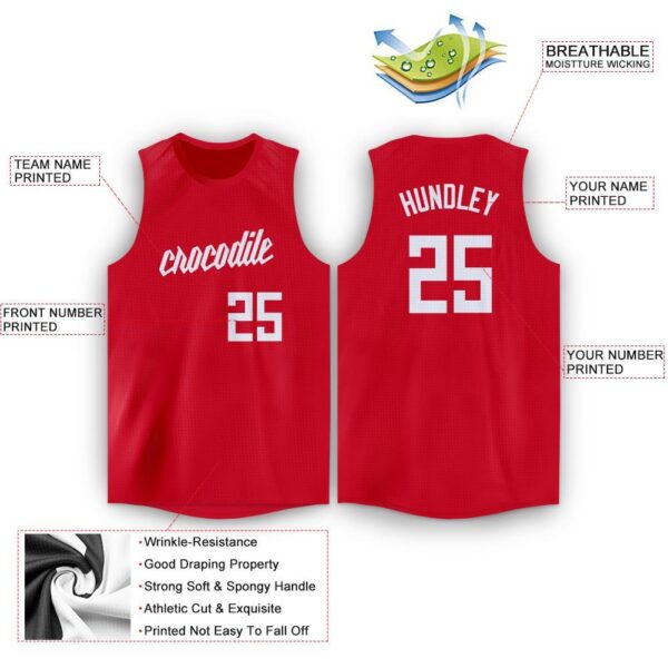 Custom Red White Round Neck Basketball Jersey - Image 2