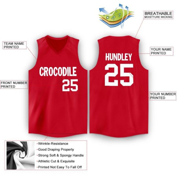 Custom Red White V-Neck Basketball Jersey - Image 2