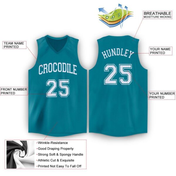 Custom Teal White V-Neck Basketball Jersey - Image 2
