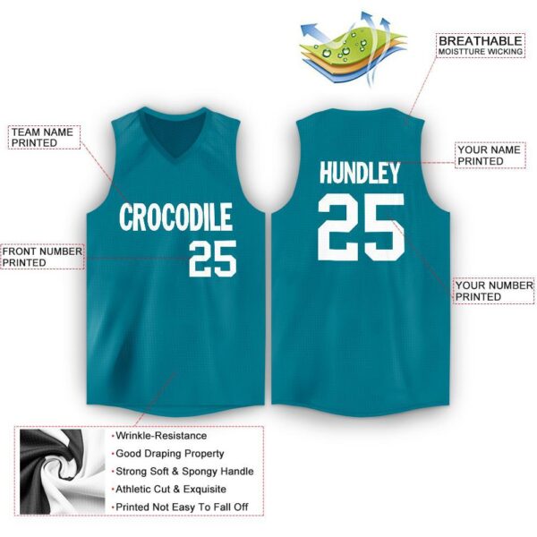 Custom Teal White V-Neck Basketball Jersey - Image 2
