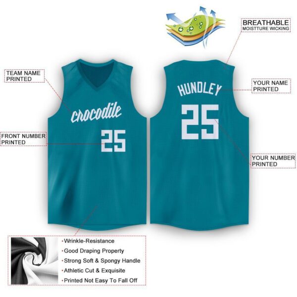 Custom Teal White V-Neck Basketball Jersey - Image 3